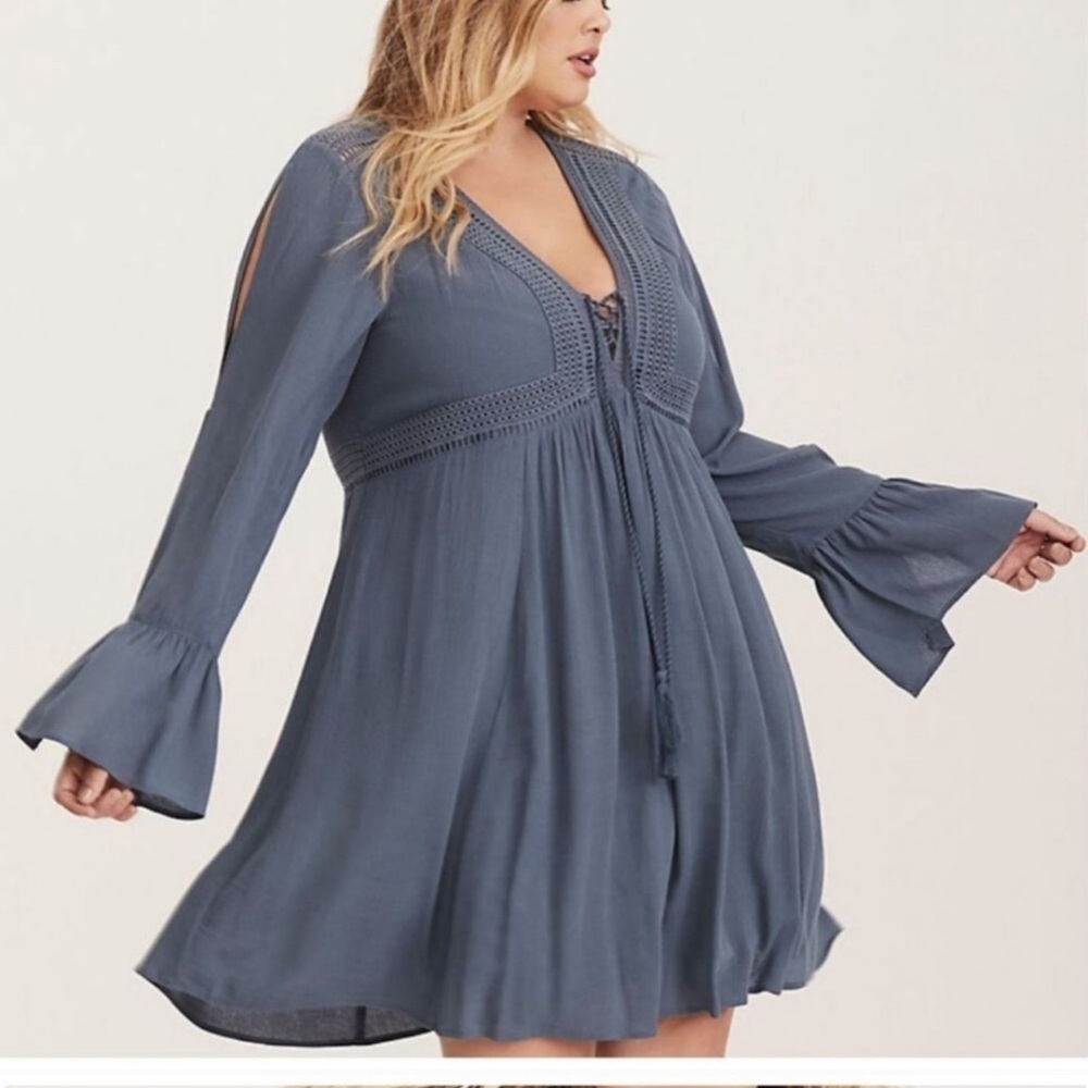 torrid Slate Blue Lace-Trim Boho Mini Dress